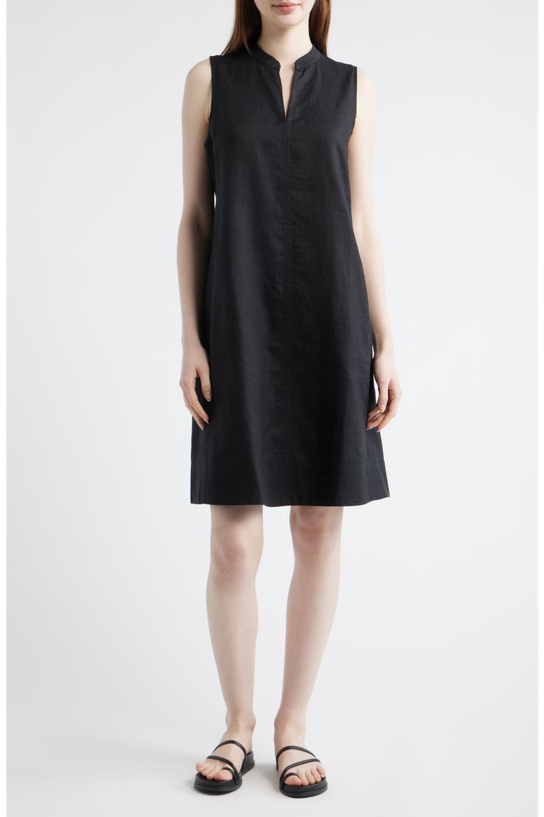 Split Collar Organic Linen A-Line Dress, Main, color, BLACK