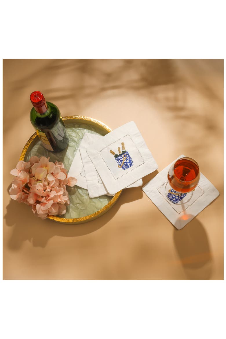 Bubbly Bliss Embroidered Linen Cocktail Napkins, Alternate, color, BLUE/ GOLD