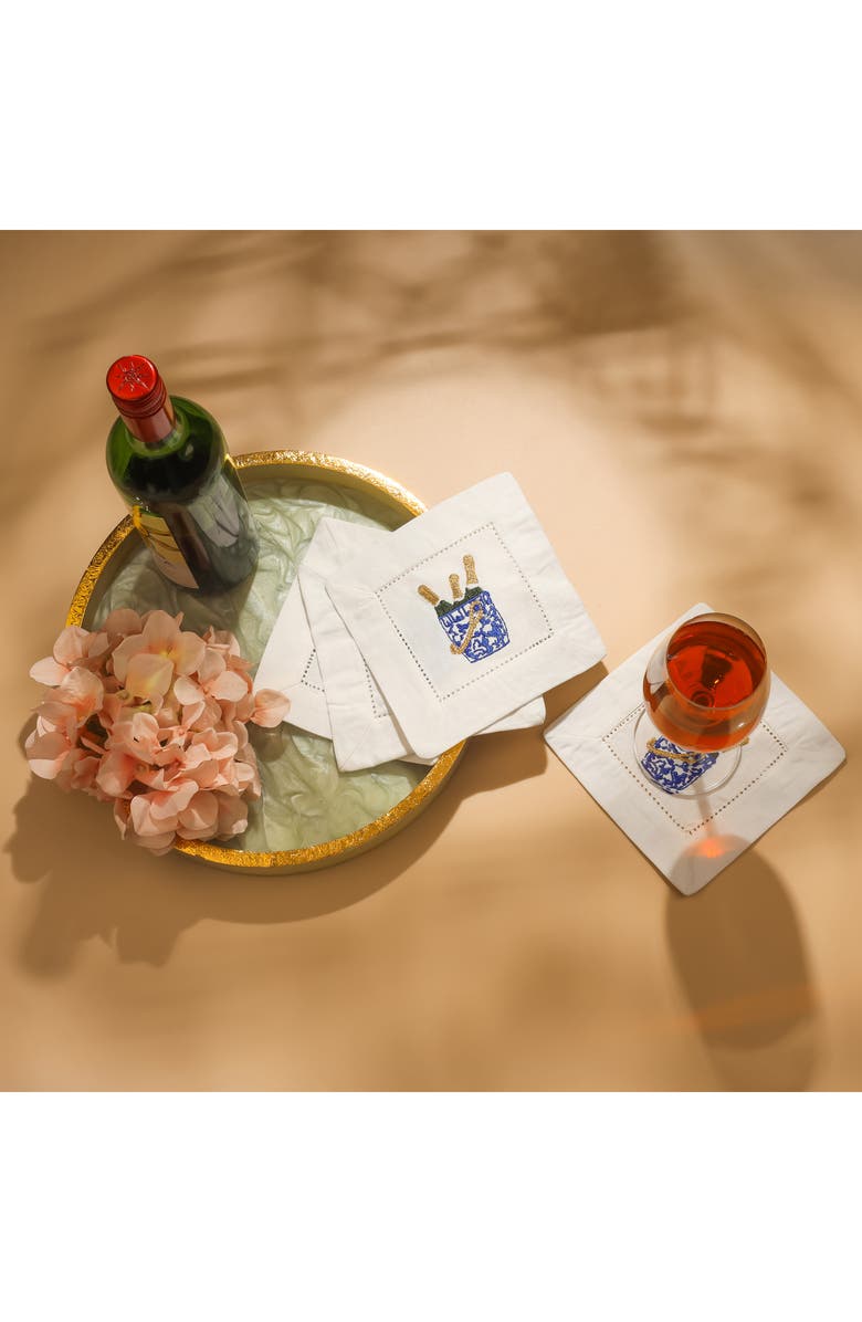 Tiramisu Bubbly Bliss Embroidered Linen Cocktail Napkins, Alternate, color, Blue/ Gold