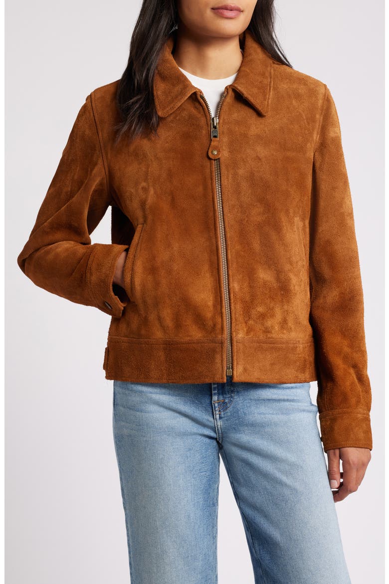 Roughout Cowhide Suede Trucker Jacket, Main, color, SADDLE
