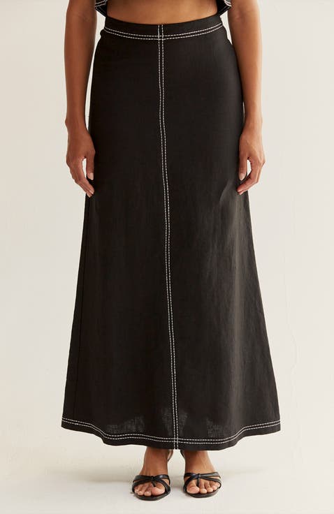 Embroidered Contrast Stitch Linen Maxi Skirt