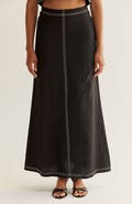 CRESCENT Embroidered Contrast Stitch Linen Maxi Skirt