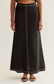 CRESCENT Embroidered Contrast Stitch Linen Maxi Skirt