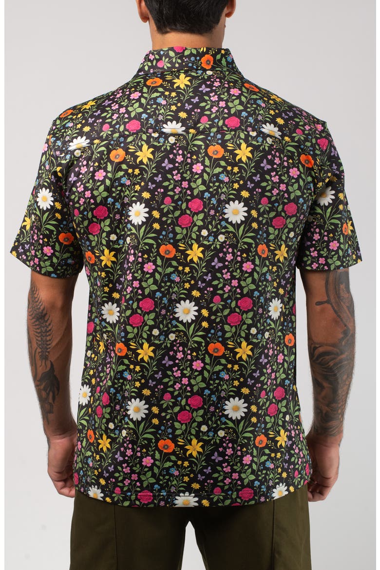 Aqua Terra Scritti Politti Floral Tech Short Sleeve Performance Button-Up Shirt, Alternate, color, BLACK MULTI