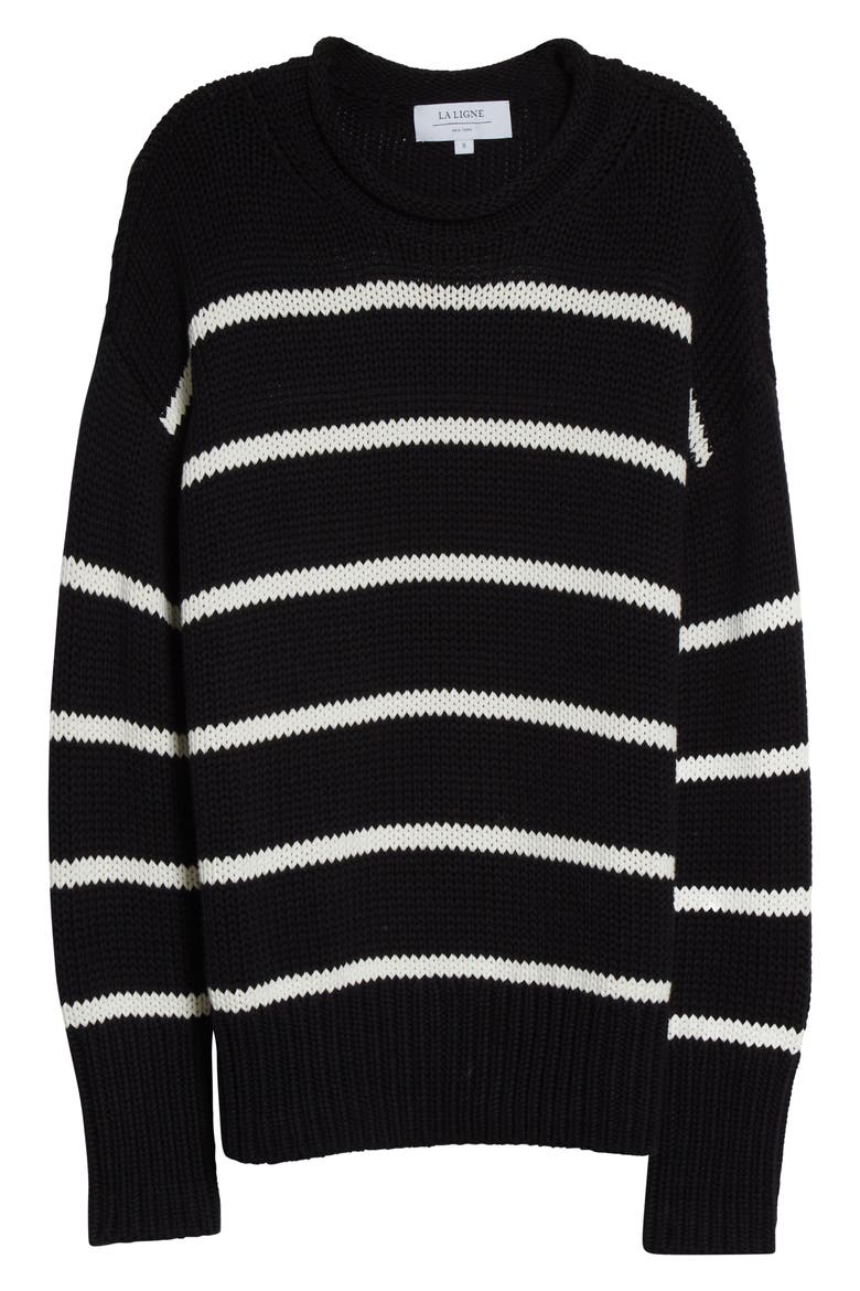 Marina Stripe Cotton Sweater, Alternate, color, BLACK/ CREAM