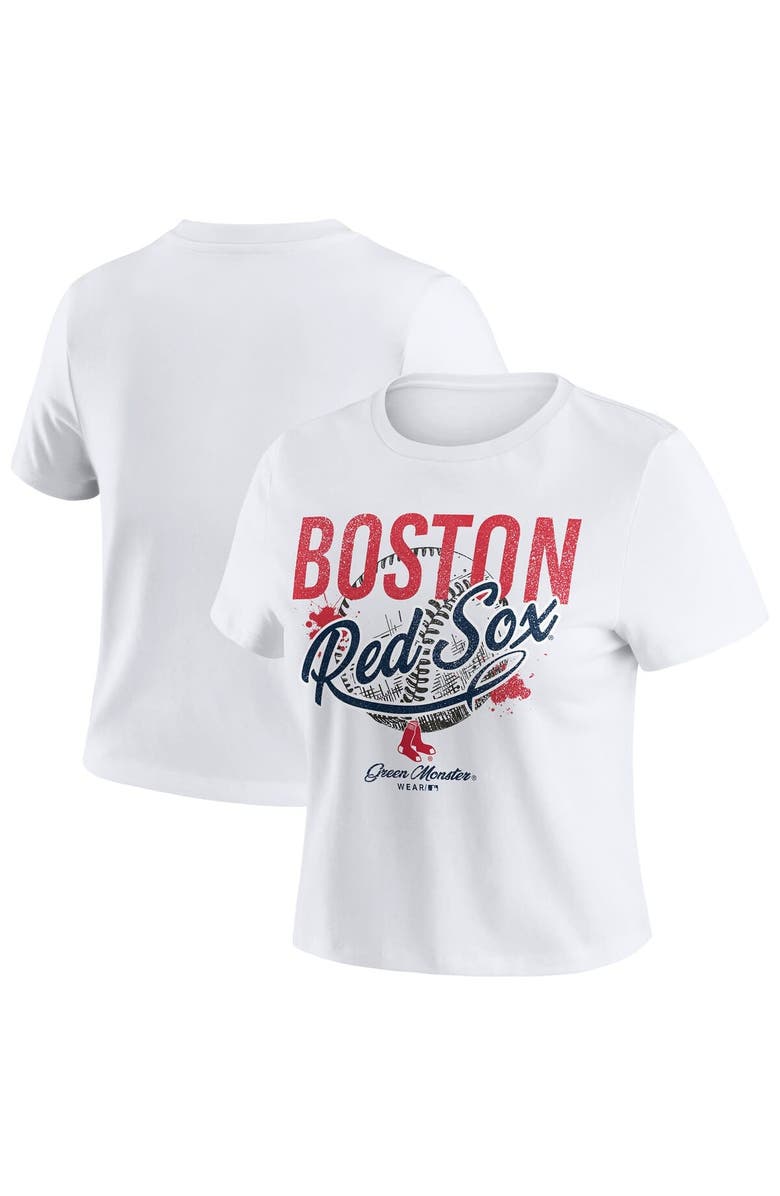 WEAR by Erin Andrews Women's WEAR by Erin Andrews White Boston Red Sox Distressed Cropped Baby T-Shirt, Main, color,