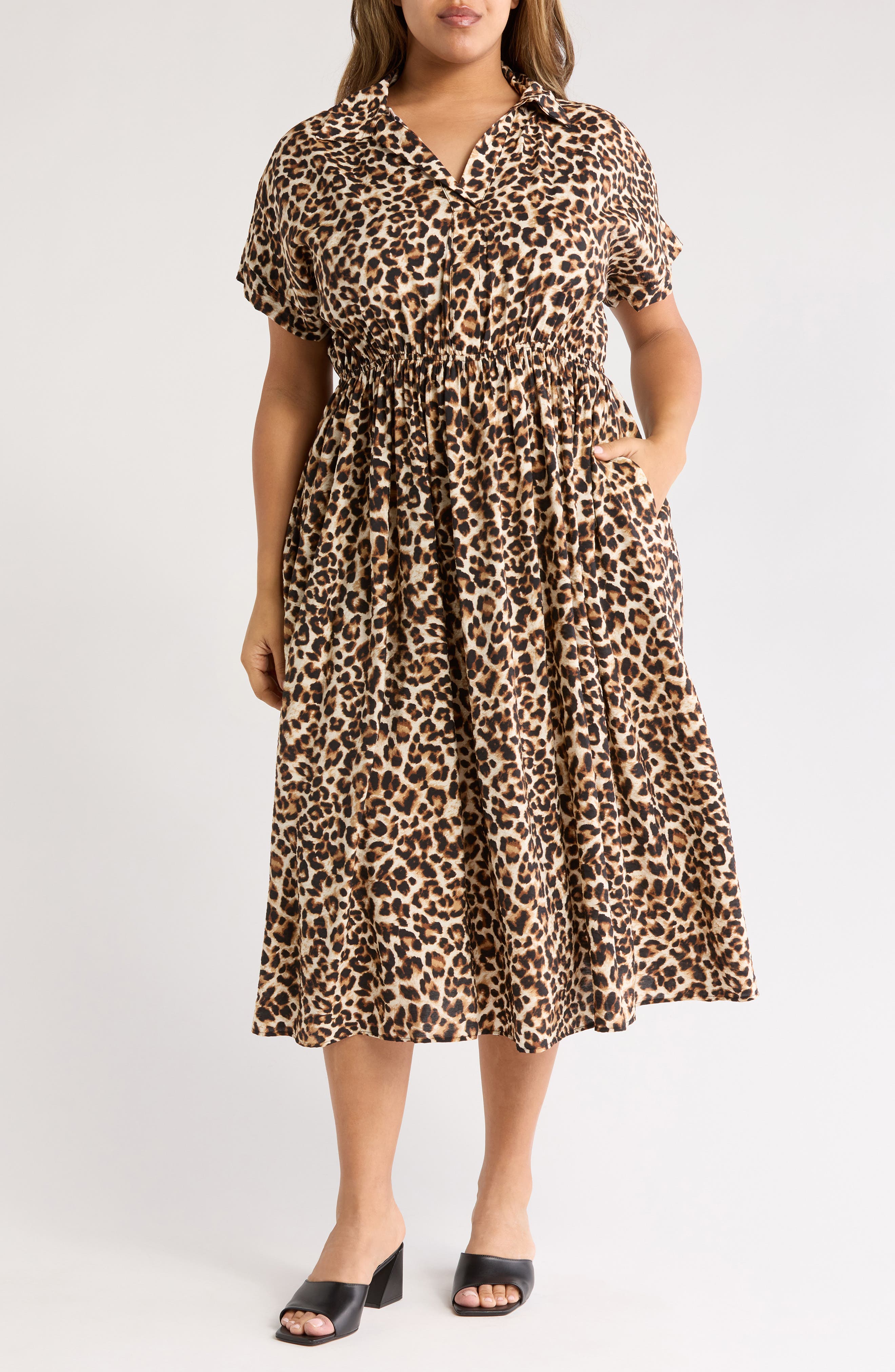 Leopard Print Short Sleeve Midi Dress