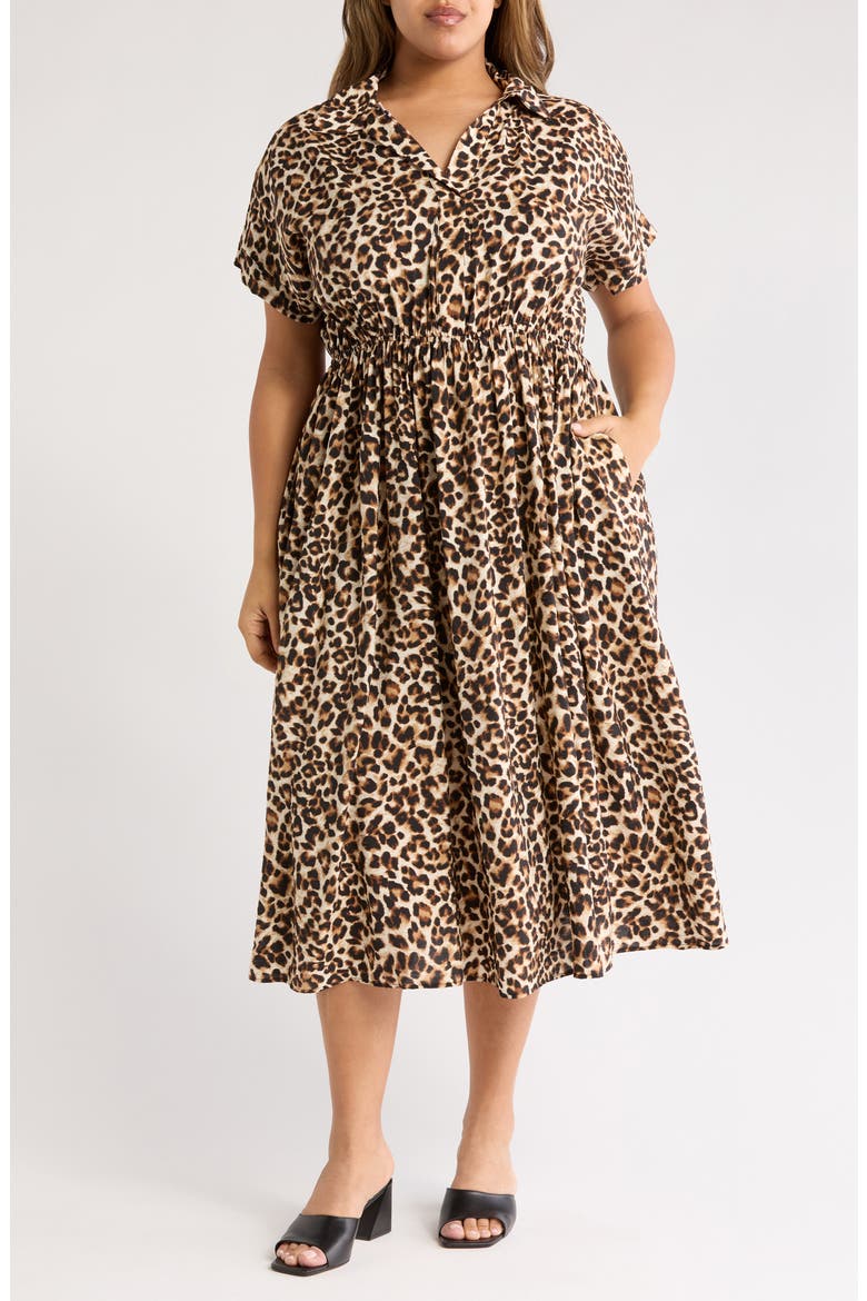 Leopard Print Short Sleeve Midi Dress, Main, color, CHOCOLATE