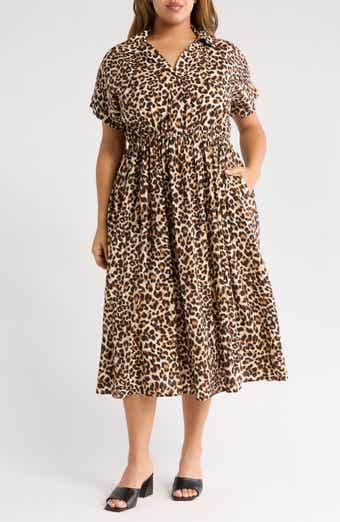 Renee C Leopard Print Short Sleeve Midi Dress