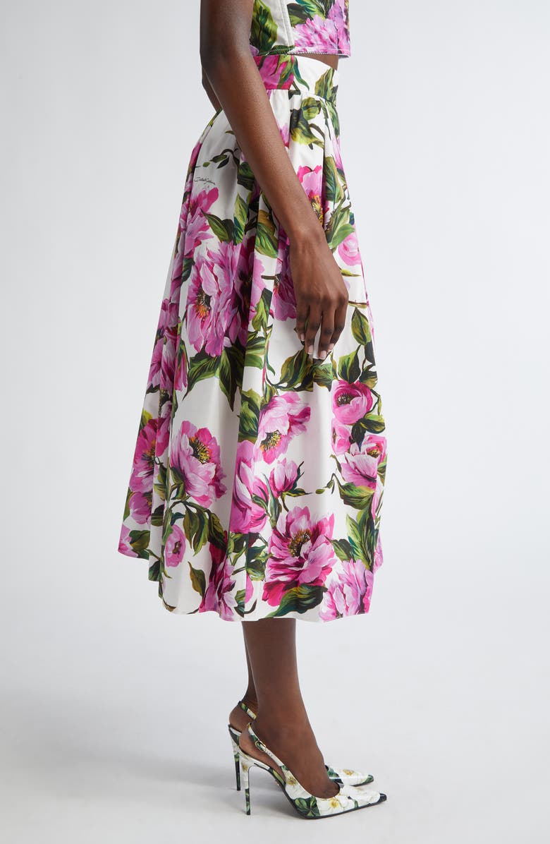 Dolce&Gabbana Peony Print Pleated Cotton Poplin Skirt, Alternate, color, Peonie Fuxia F.bianco