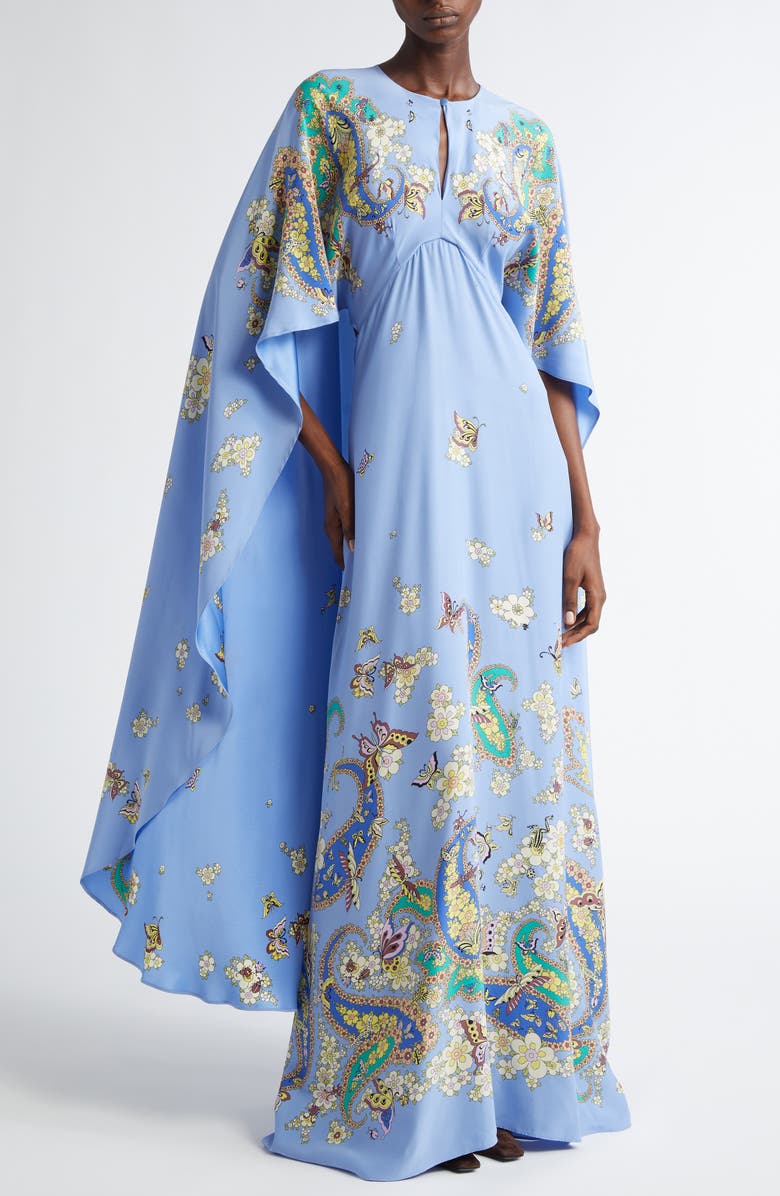 Etro Placed Paisley Silk Cape Gown, Alternate, color, 