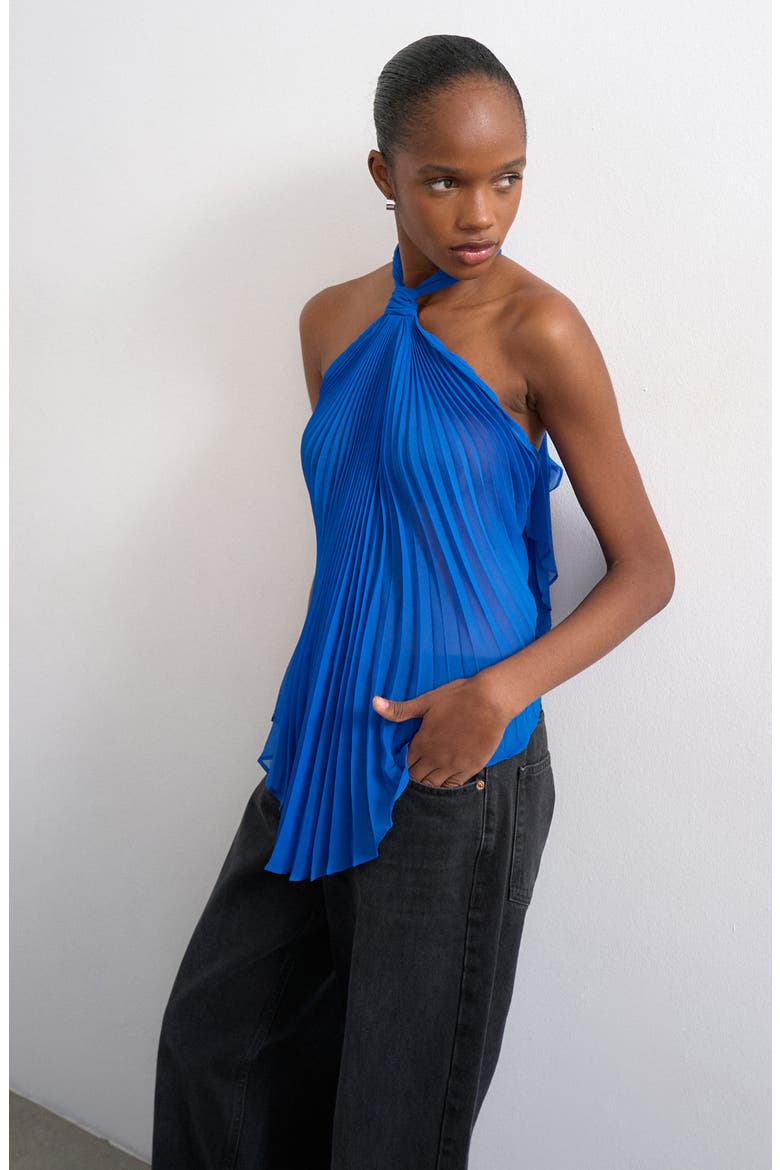 Pleated Knot Neck Halter Top, Main, color, MEDIUM BLUE