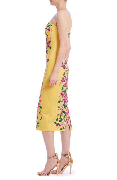 Badgley Mischka Strapless Floral-print Bodycon Midi Dress In Yellow Mint