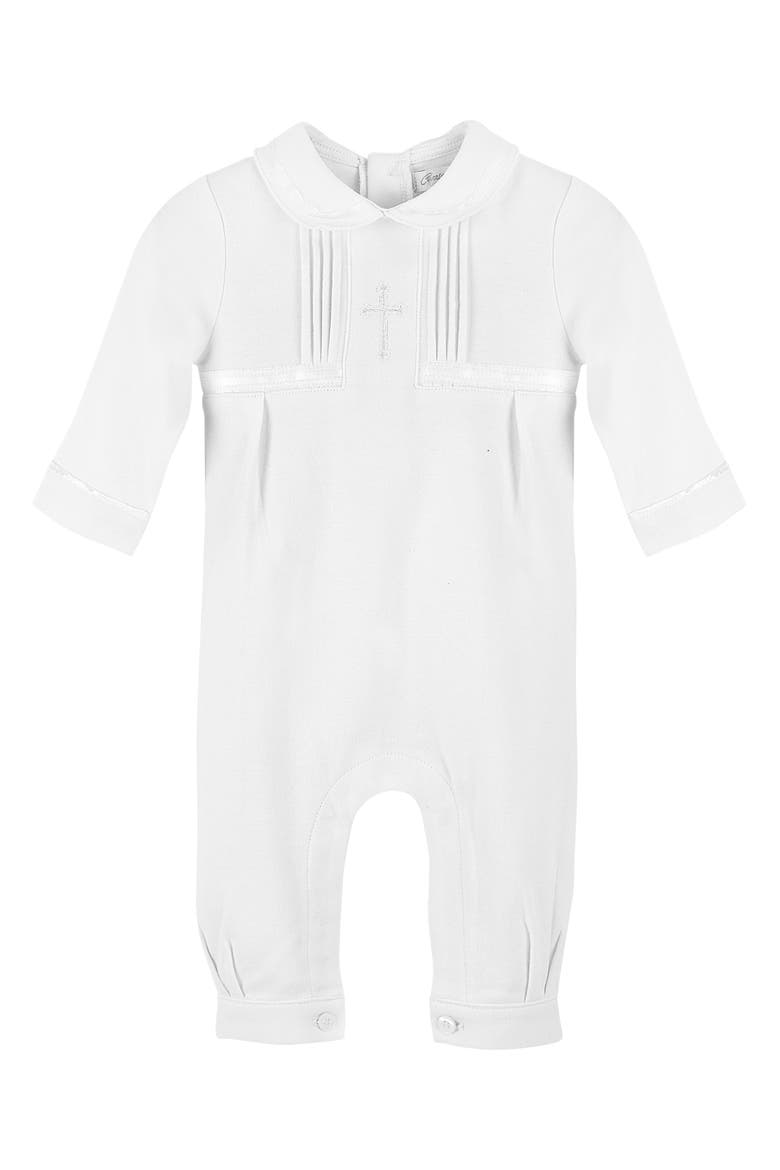 Cross Embroidered Christening Romper & Newsboy Cap Set, Alternate, color, WHITE