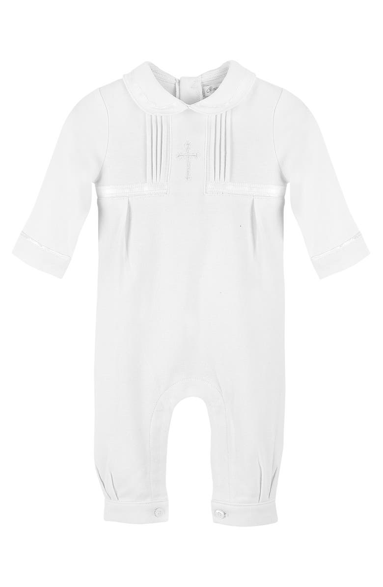 Carriage Boutique Cross Embroidered Christening Romper & Newsboy Cap Set, Alternate, color, White
