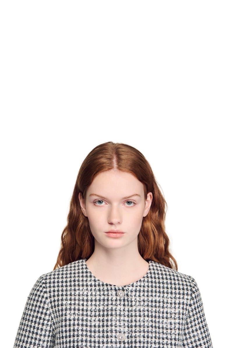 SANDRO Cropped houndstooth tweed jacket, Alternate, color, Black / White