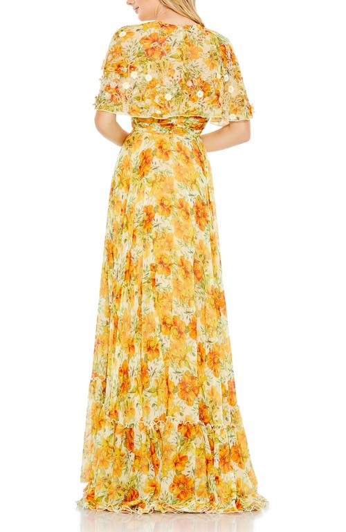 Mac Duggal Floral Print High Neck Cape Sleeve A Line Gown In Yellow Multi