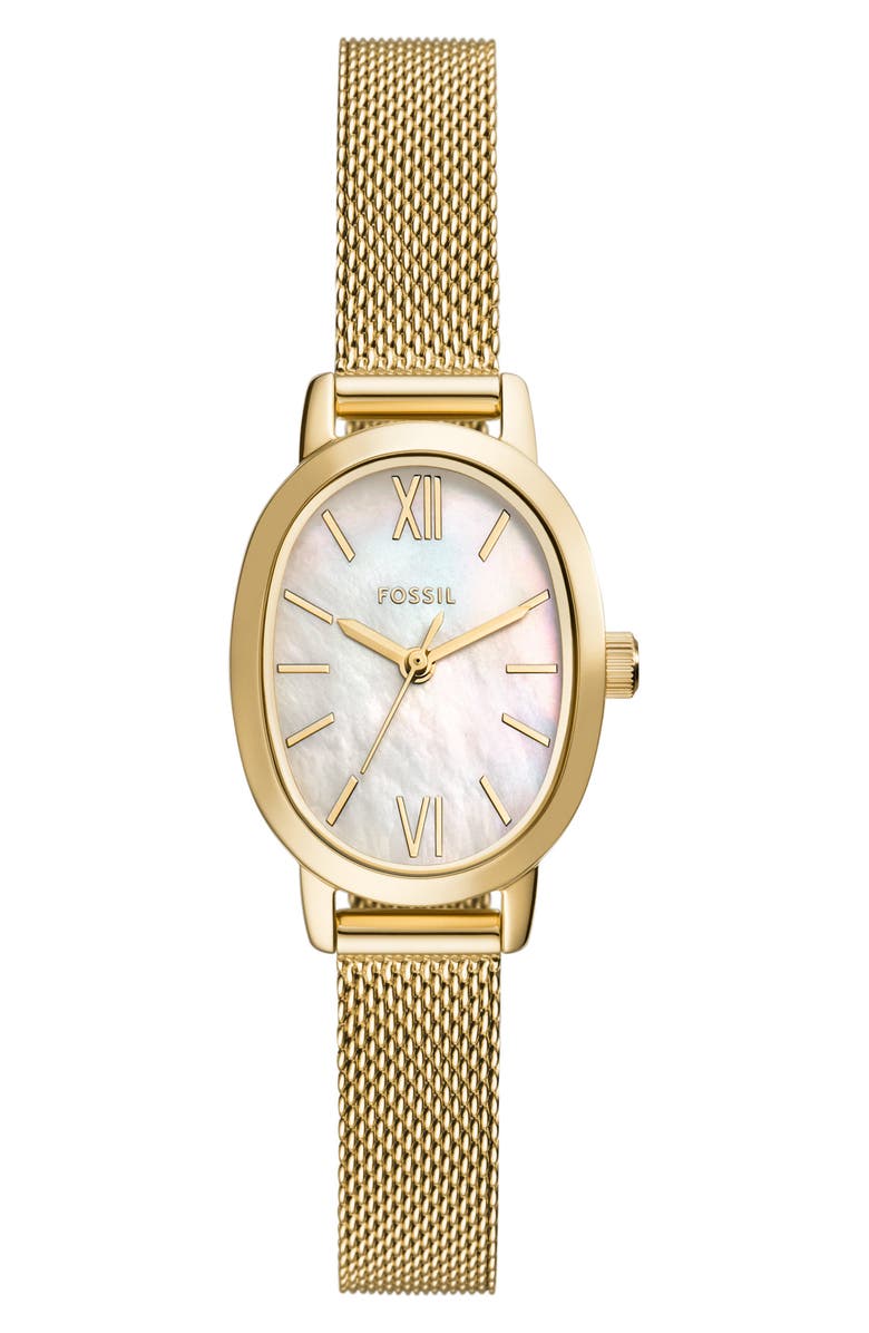 Fossil Penny Mother-of-Pearl Quartz Mesh Bracelet Watch, 23mm, Main, color, 