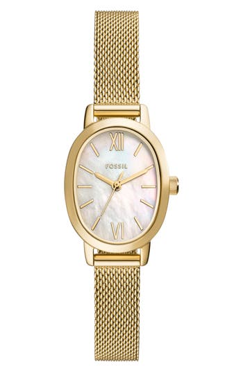 Fossil Penny Mother-of-pearl Quartz Mesh Bracelet Watch, 23mm In Gold