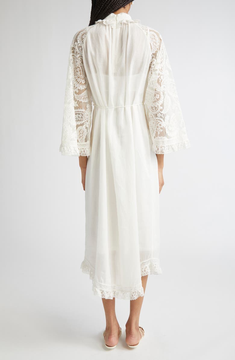 Zimmermann Ascension Lace Trim Tie Waist Midi Dress, Alternate, color, Cream