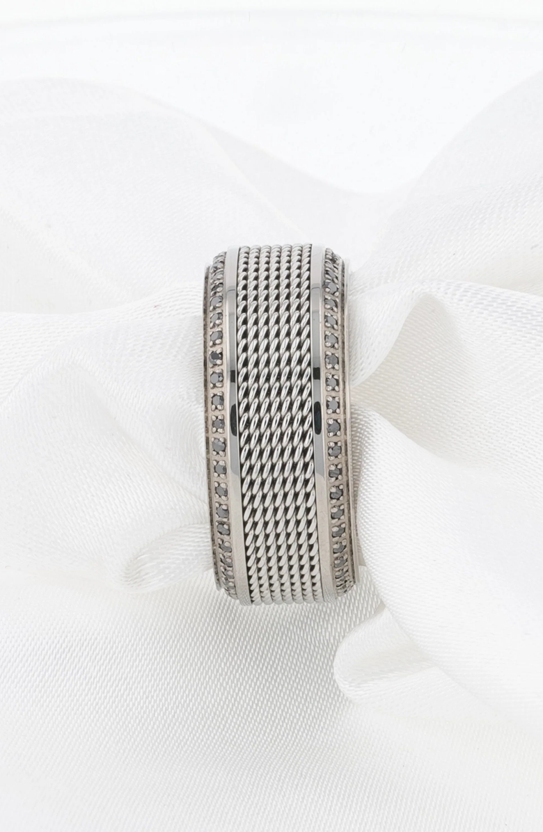 Larson Jewelers Gauntlet Steel Chain Titanium Wedding Ring, Alternate, color, Silver / Black Diamonds