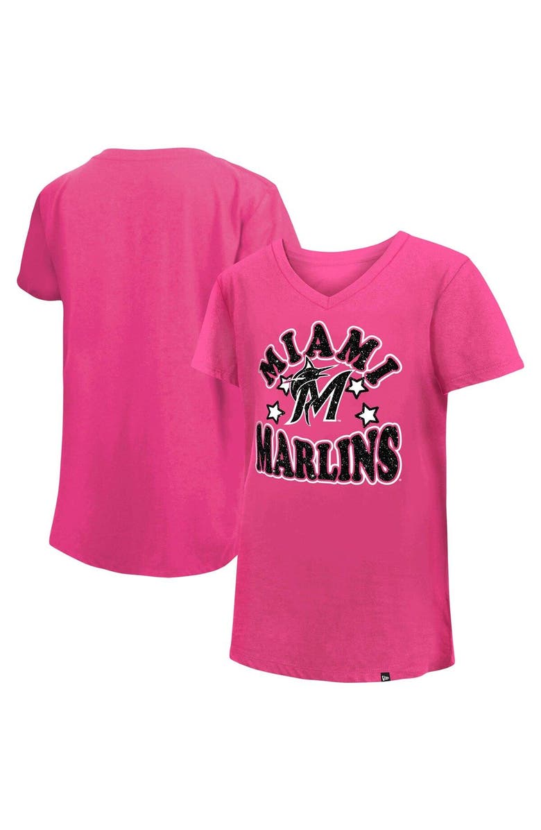 New Era Girls Youth New Era Pink Miami Marlins Jersey Stars V-Neck T-Shirt, Main, color, 