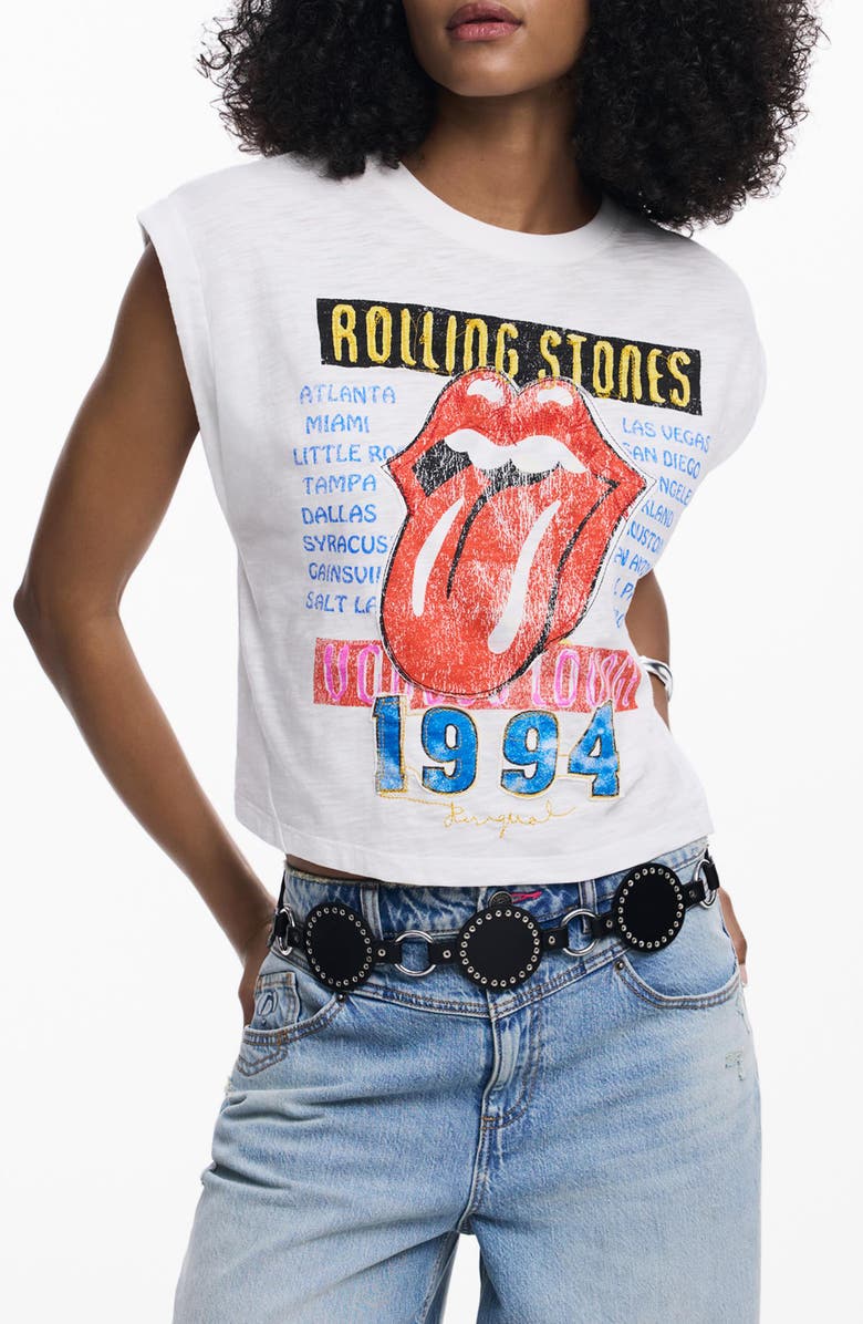 Desigual Rolling Stones Embroidered Muscle T-Shirt, Main, color, White