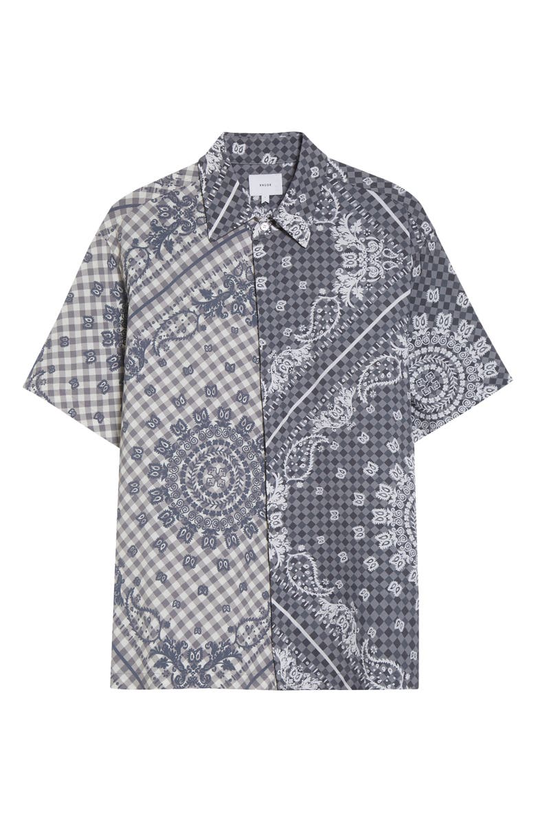 Rhude Split Gingham & Bandana Print Short Sleeve Button-Up Shirt, Alternate, color, Black / White 3028