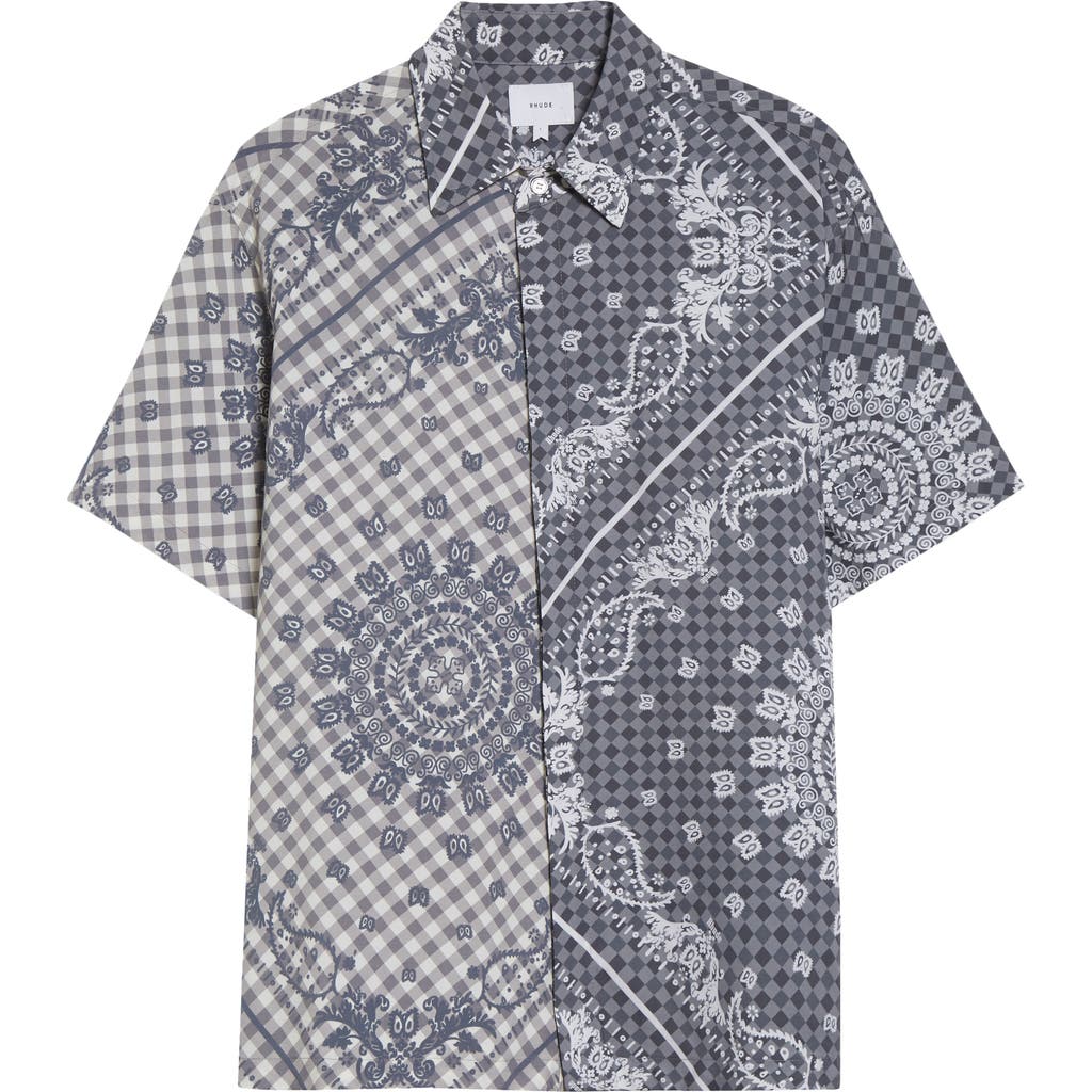 Rhude Split Gingham & Bandana Print Short Sleeve Button-up Shirt In Gray