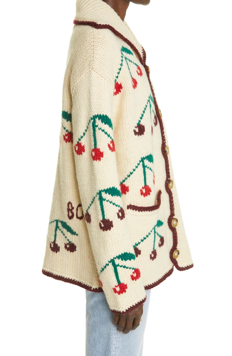 Bode Cherry Intarsia Merino Wool & Mohair Cardigan, Alternate, color, Natural