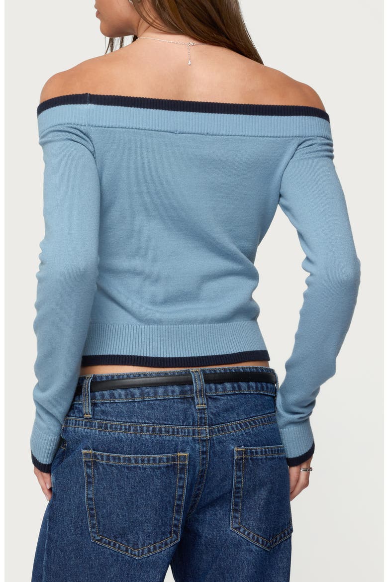 Kezzie Contrast Trim Off the Shoulder Sweater, Alternate, color, BLUE