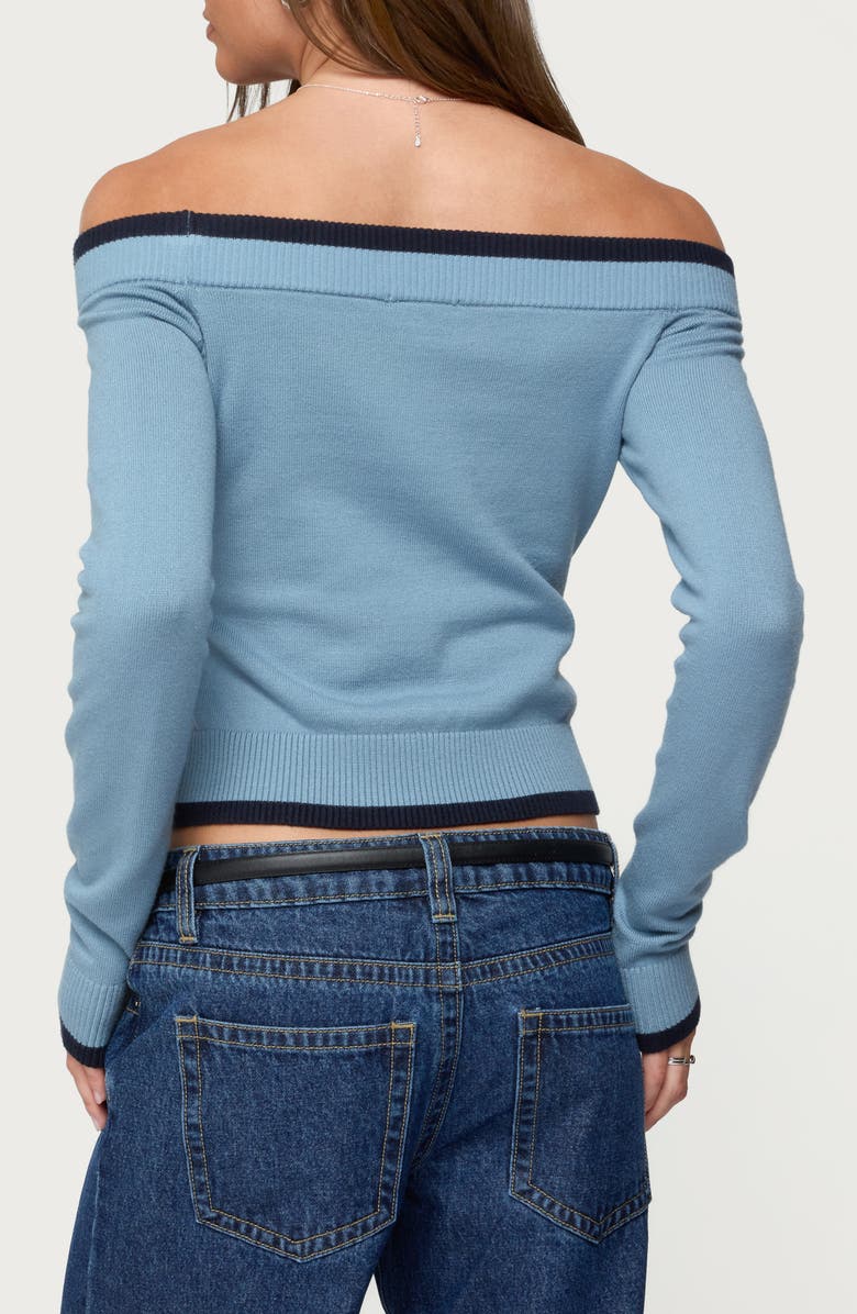 EDIKTED Kezzie Contrast Trim Off the Shoulder Sweater, Alternate, color, Blue