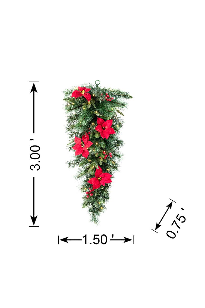 3ft Pre-Lit Poinsettia Christmas Teardrop Wreath with Timer, Alternate, color, Green