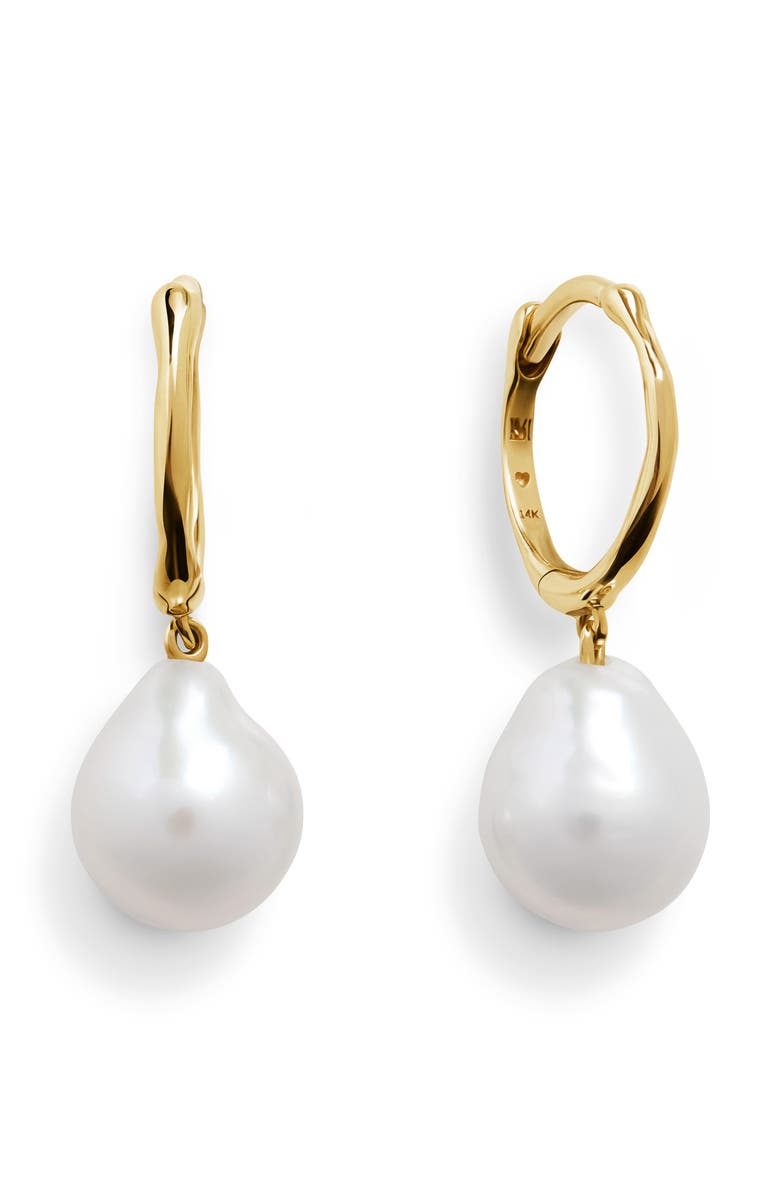 Monica Vinader Nura Baroque Pearl Drop Huggie Hoop Earrings, Main, color, 14K Solid Gold / Pearl