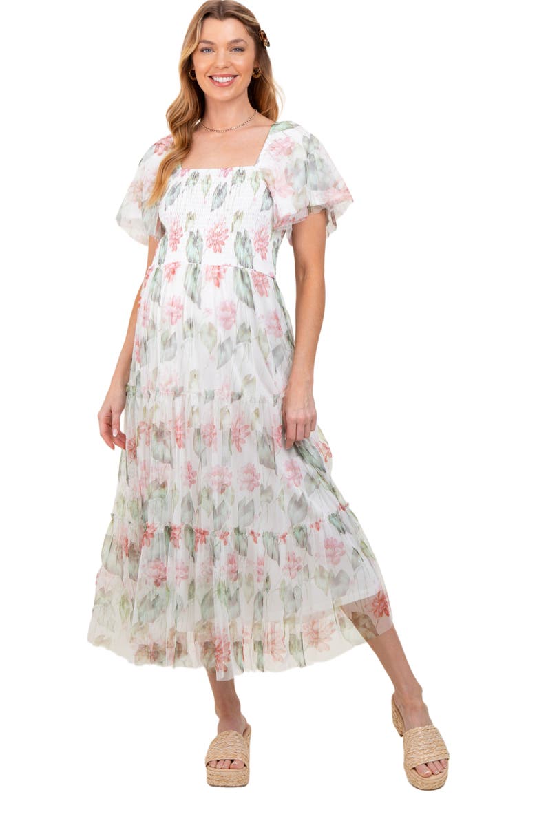 PinkBlush Floral Mesh Smocked Midi Dress, Alternate, color, Ivory