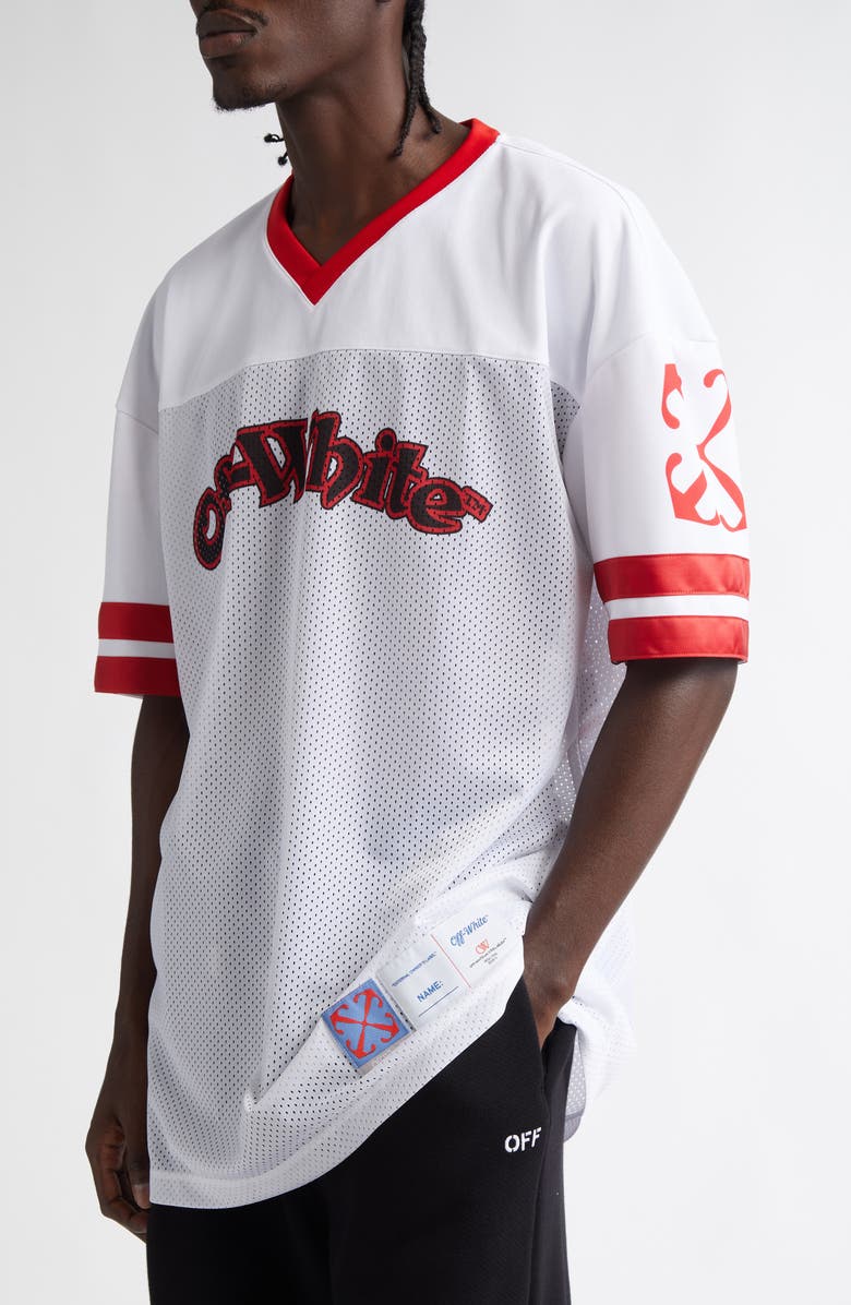 Off-White Gothic Logo V-Neck Football Mesh Graphic T-Shirt, Alternate, color, 