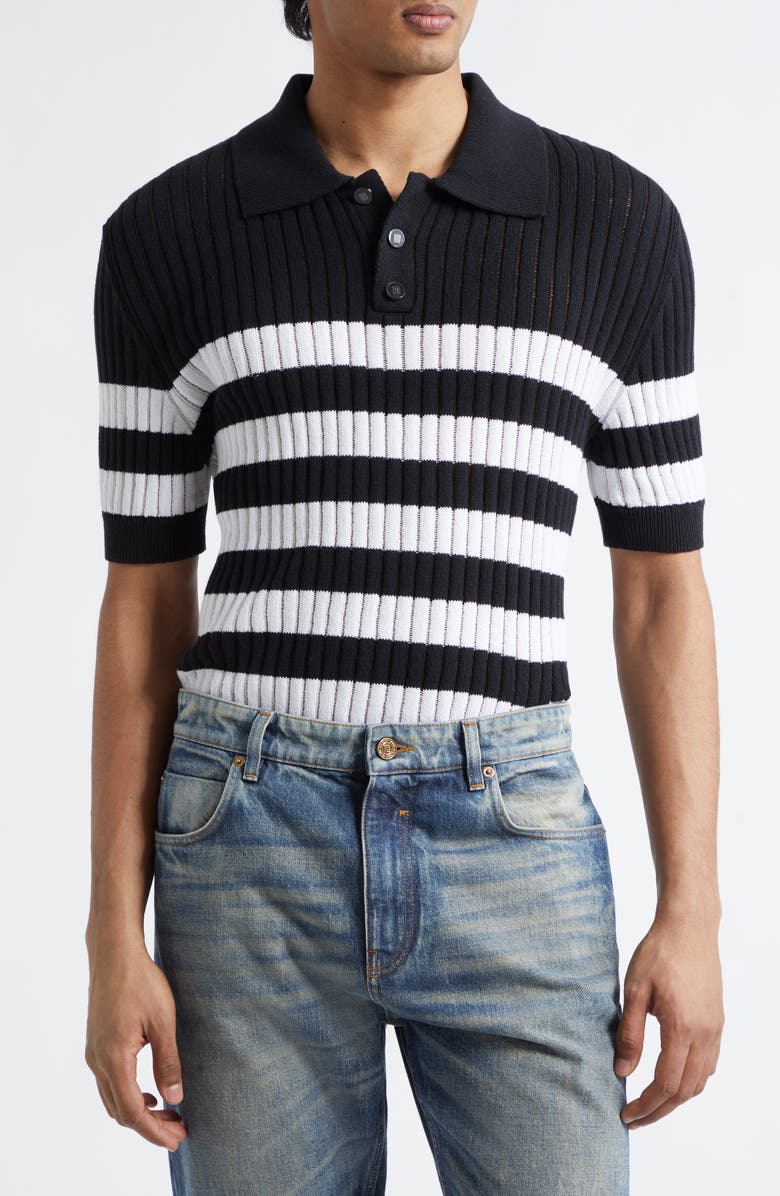 Balmain Mariner Cotton Blend Ribbed Polo Sweater, Main, color, Eab Blk/ White
