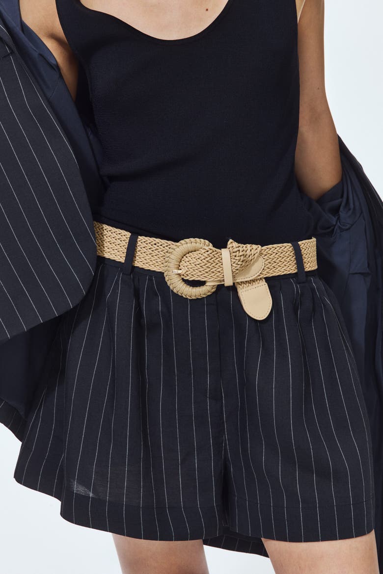 Belted Linen-blend Shorts, Alternate, color, Navy blue/pinstriped