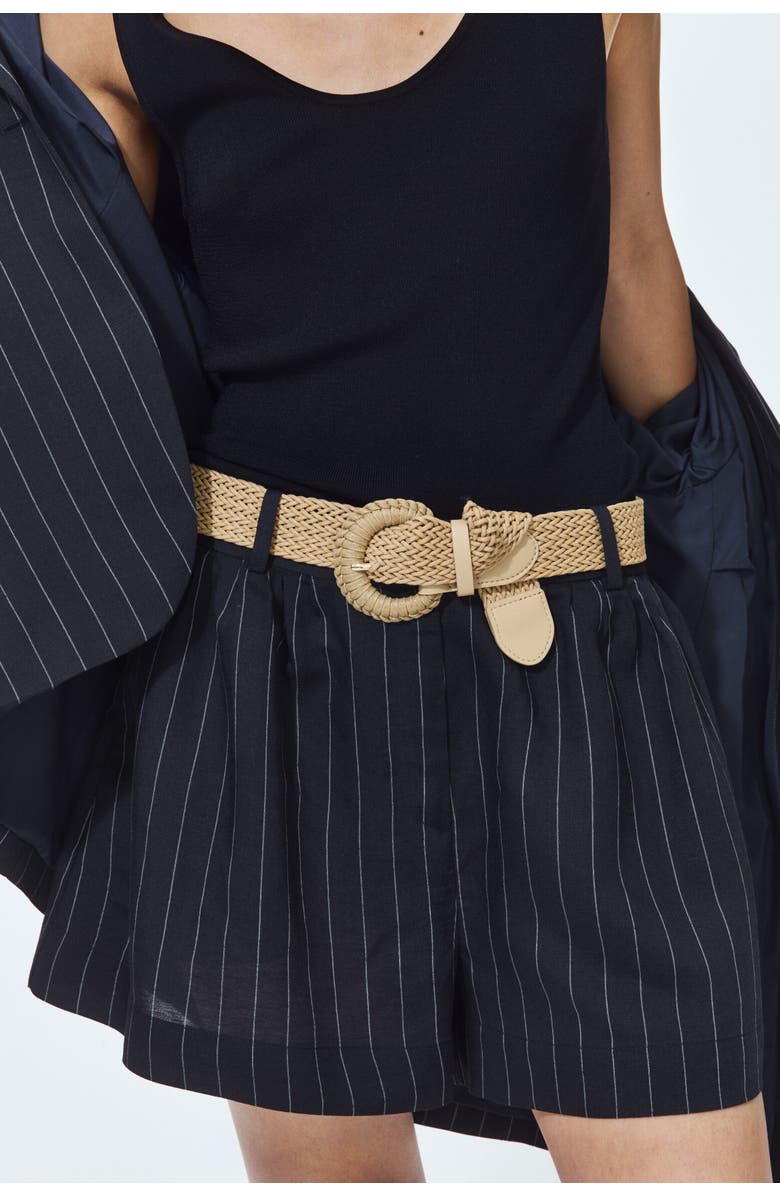 H&M Belted Linen-blend Shorts, Alternate, color, Navy Blue/Pinstriped