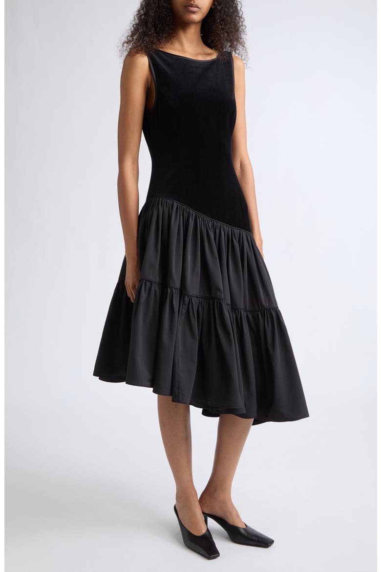 Dean Velvet & Silk Blend Taffeta Asymmetric Midi Dress, Alternate, color, BLACK