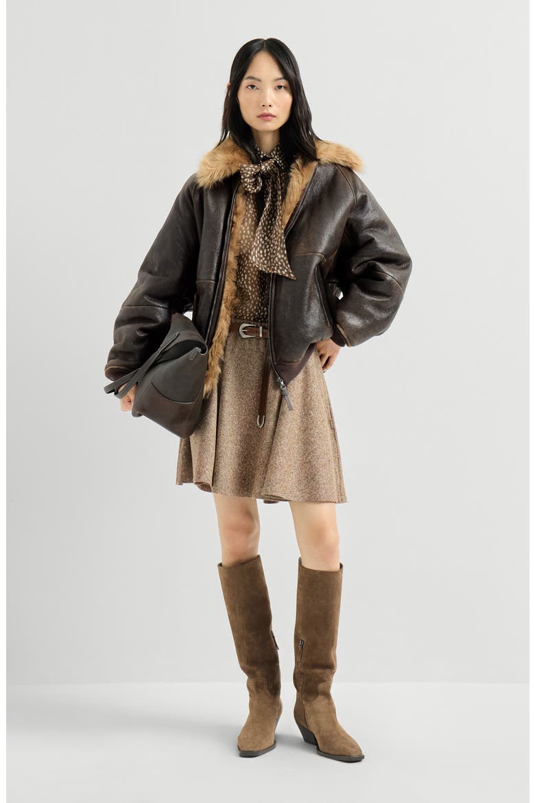 Virgin wool donegal mini circle skirt with monili, Alternate, color, Pine Cone Brown