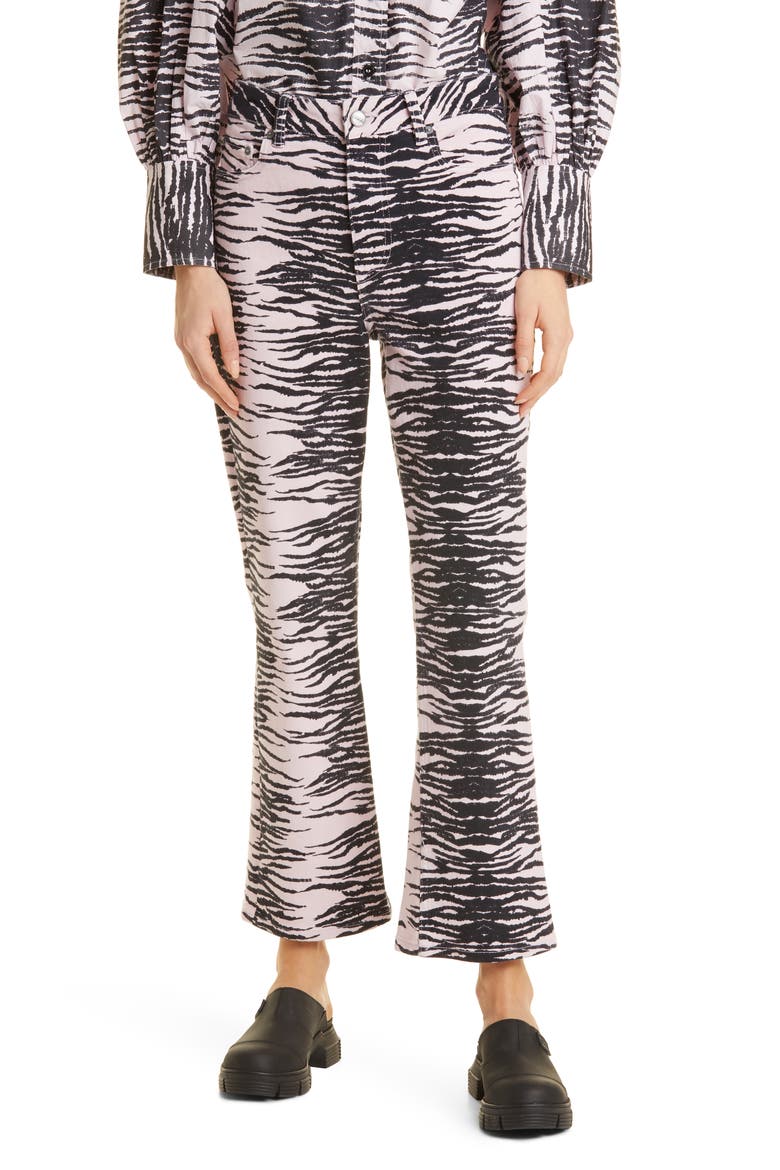 Betzy Tiger Stripe Kick Flare Stretch Organic Cotton Jeans, Main, color, TIGER STRIPE LIGHT LILAC