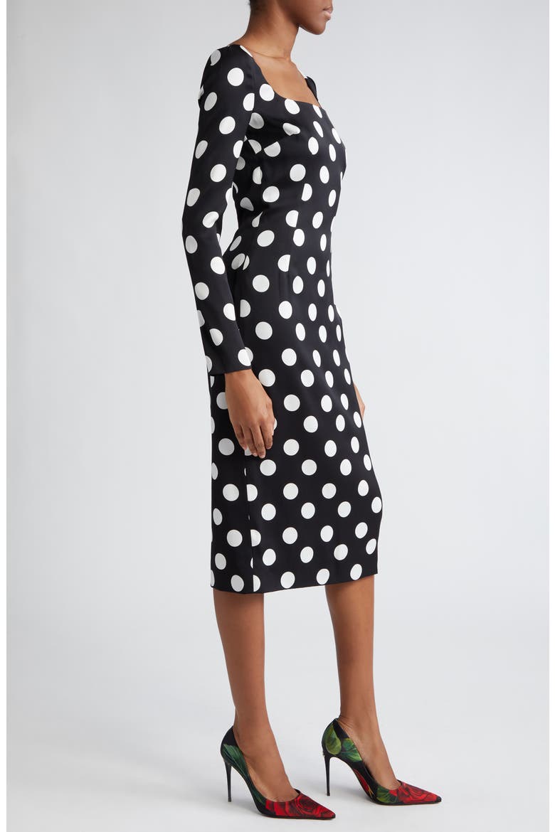 Polka Dot Long Sleeve Charmeuse Sheath Dress, Alternate, color, NERO