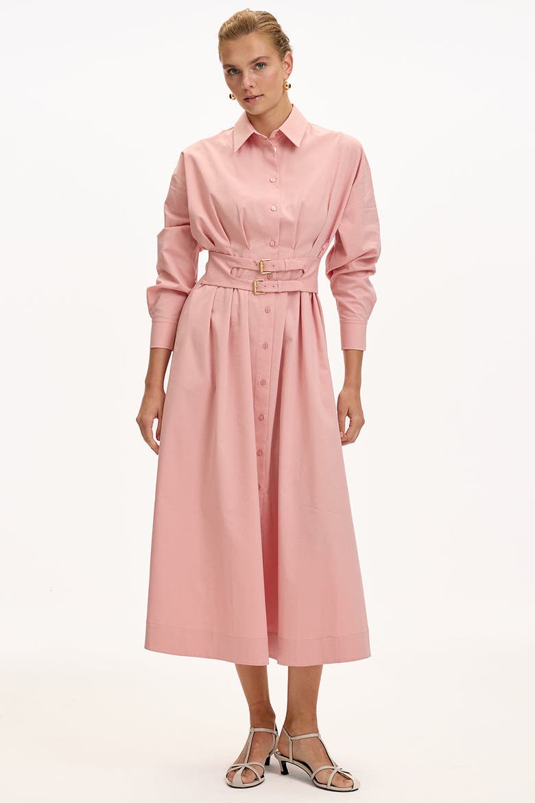 Belted Fitted Waist Midi Shirt Dress, Alternate, color, DRIED ROSE