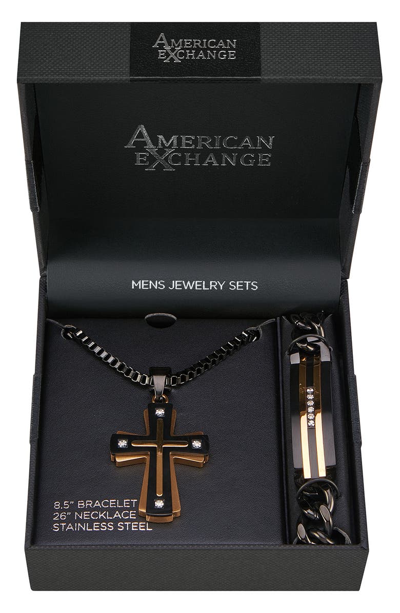 AMERICAN EXCHANGE Men's Goldtone Plated Stainless Steel Diamond Cross Necklace & Bracelet 2-Piece Set - 0.1 ctw., Main, color, 
