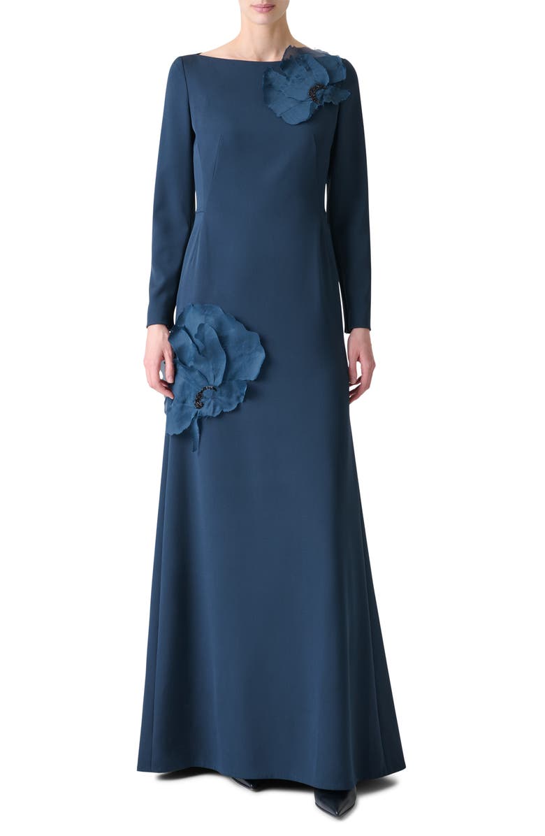 Akris 3D Flower Appliqué Long Sleeve Stretch Organza Gown, Main, color, Navy