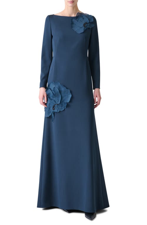 Akris Organza Anemone Corsage Long-sleeve Crepe Gown In Blue