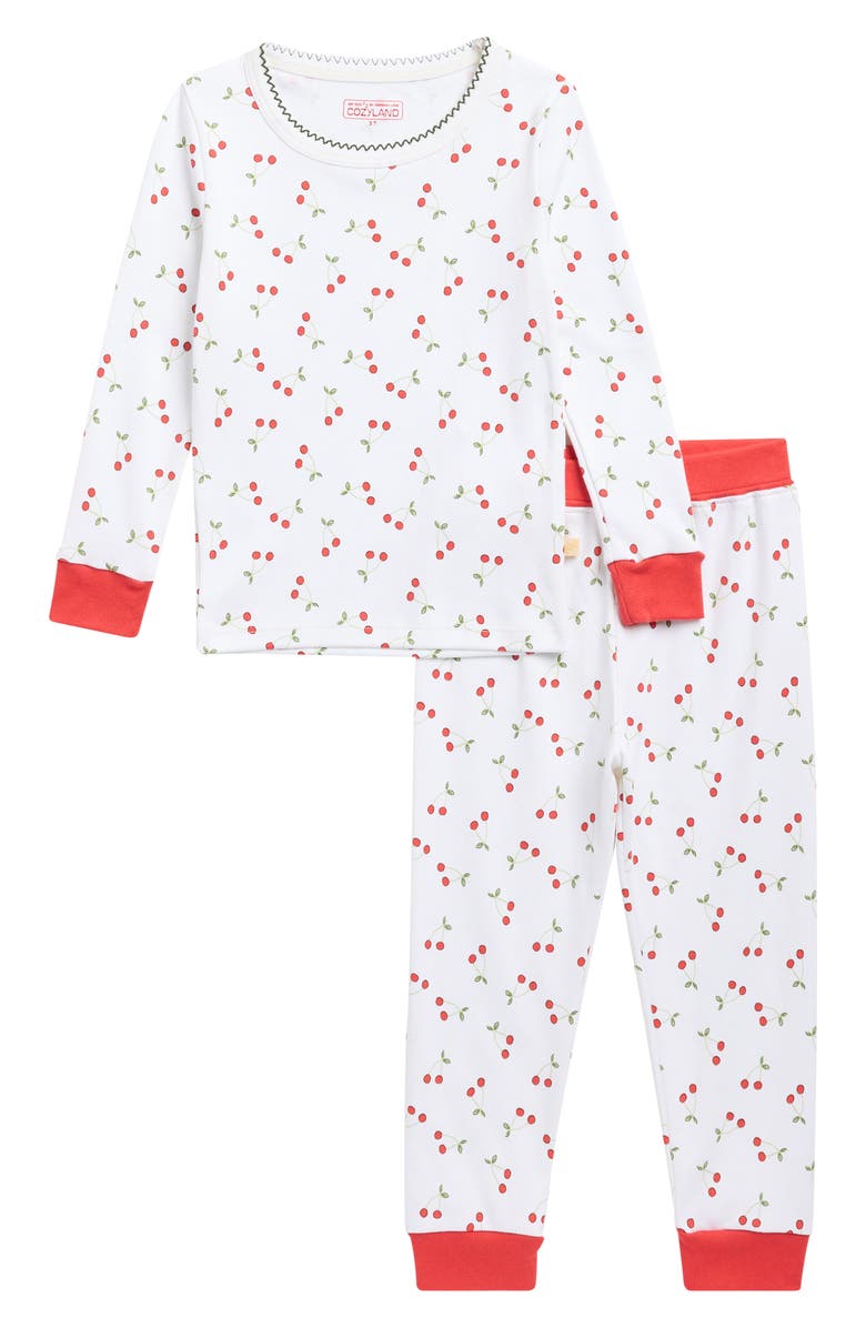 COZYLAND Riley Print Pima Cotton Fitted Pajamas, Main, color, Cherry Pie