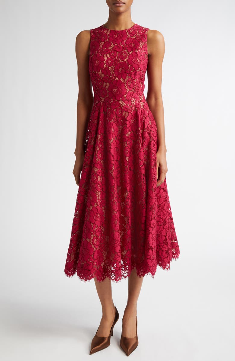 Michael Kors Collection Floral Lace Sleeveless Fit & Flare Midi Dress, Main, color, Raspberry