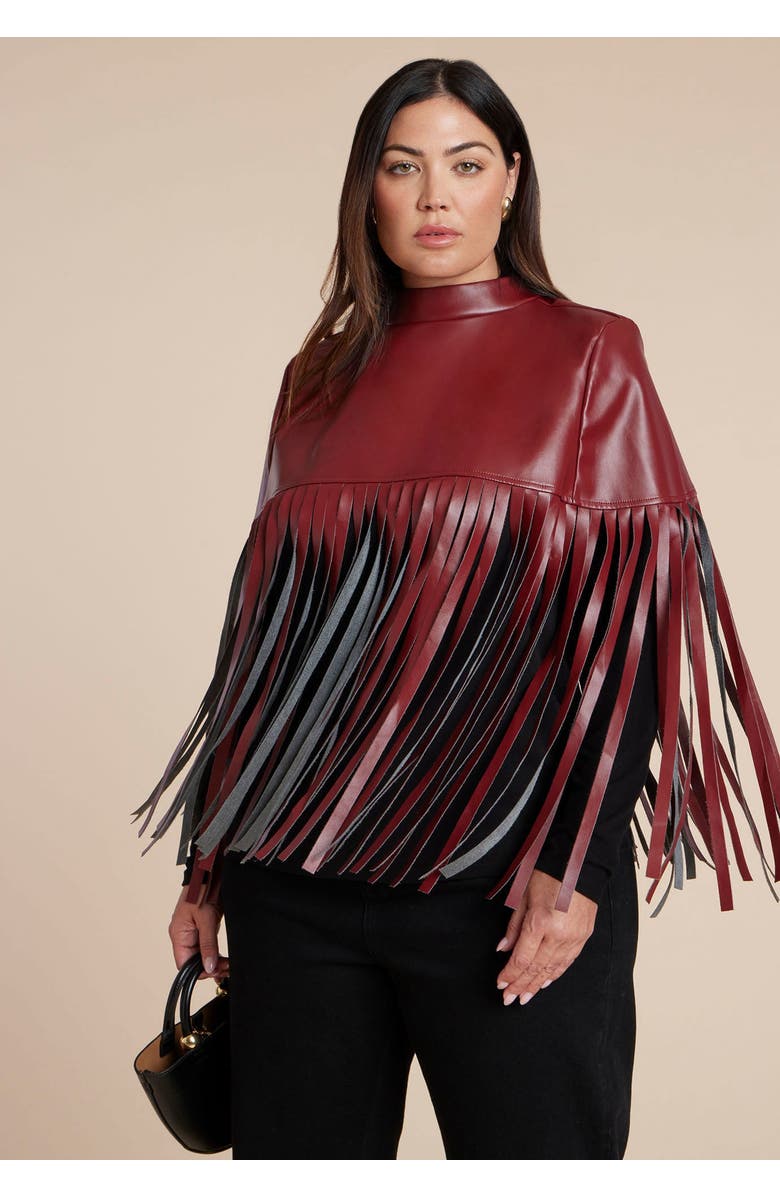 ELOQUII Faux Leather Fringe Cape, Main, color, Tawny Port